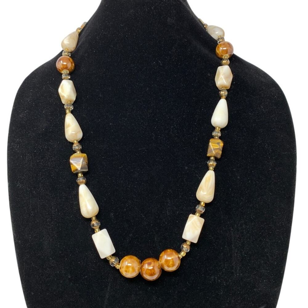 Handmade Artisan Beaded Necklace Brown Tigers Eye Beads Cream Teardrops